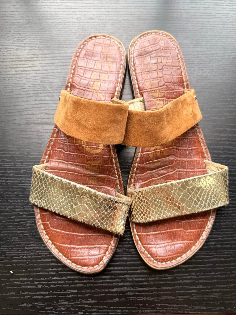 Sam Edelman Gala Slide Sandals Brown Croc Embossed Metallic Strap Size 9.5